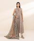 Women's Unstitched Dobby Beige Printed 3 Piece Suit